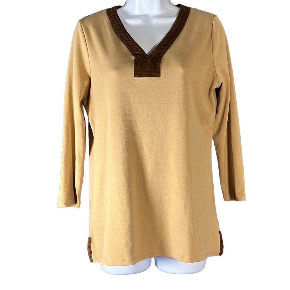 Lauren Ralph Lauren Women's Tunic Top Long Sleeve V Neck Cotton Tan Size Large